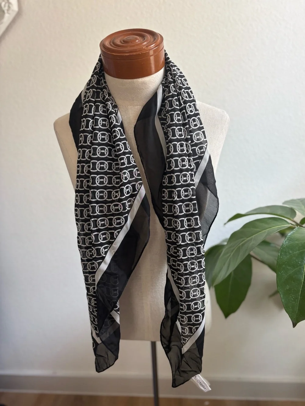 Calvin Klein Black and White Patterned Silk Scarf